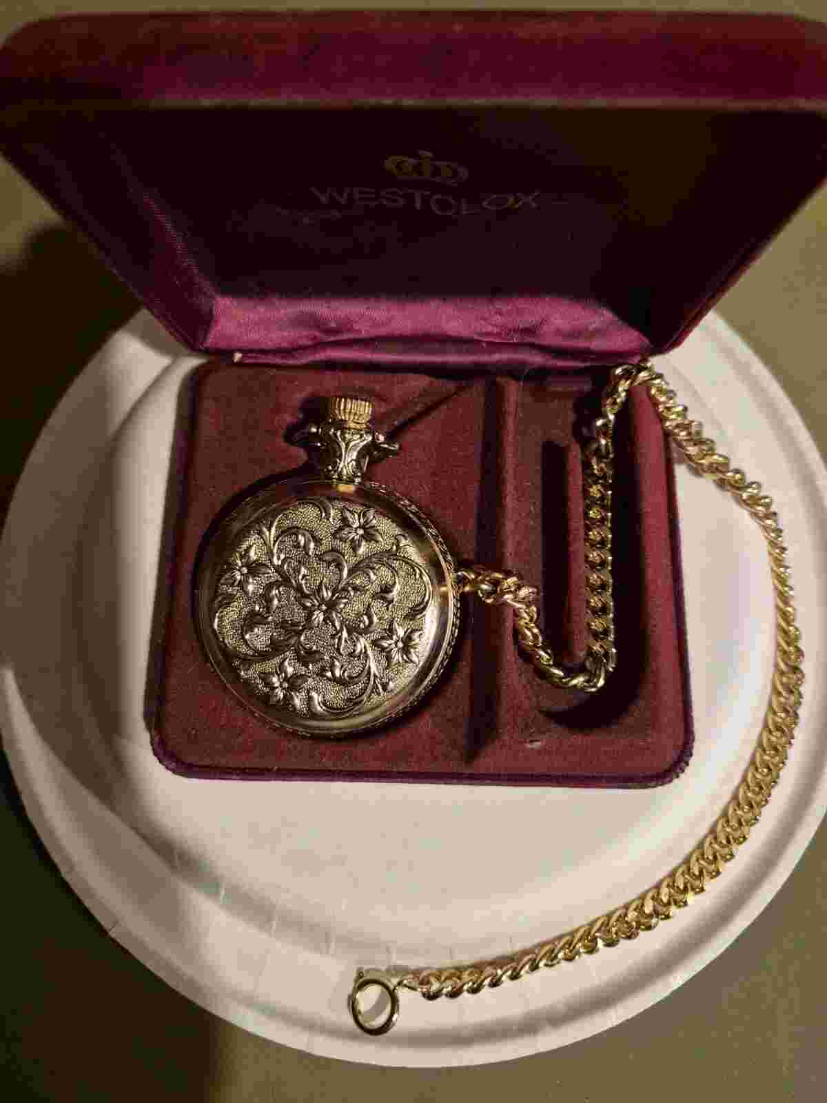 Westclox Pocket Watch - Full In Original Box With Chain- Steam Train Engraving