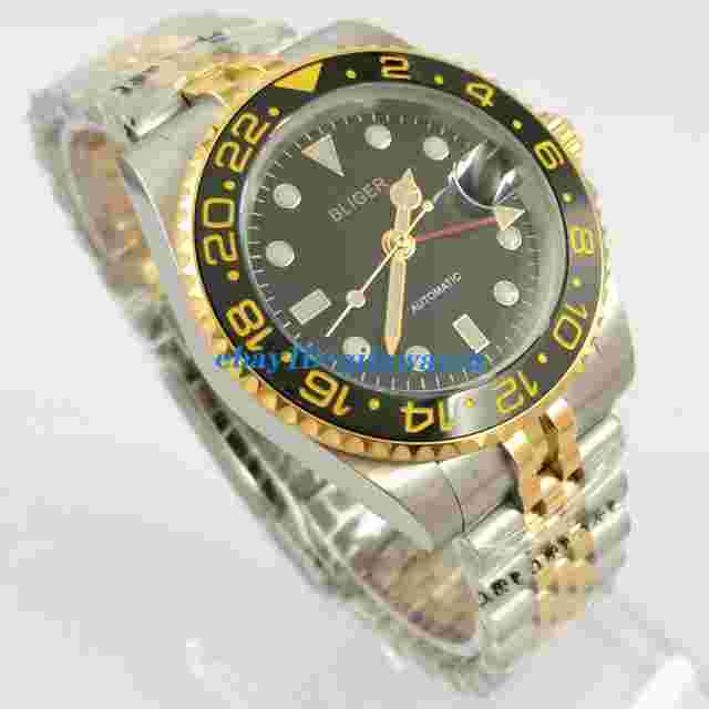 40mm Bliger black dial GMT automatic mens wrist watch sapphire crystal date Gift