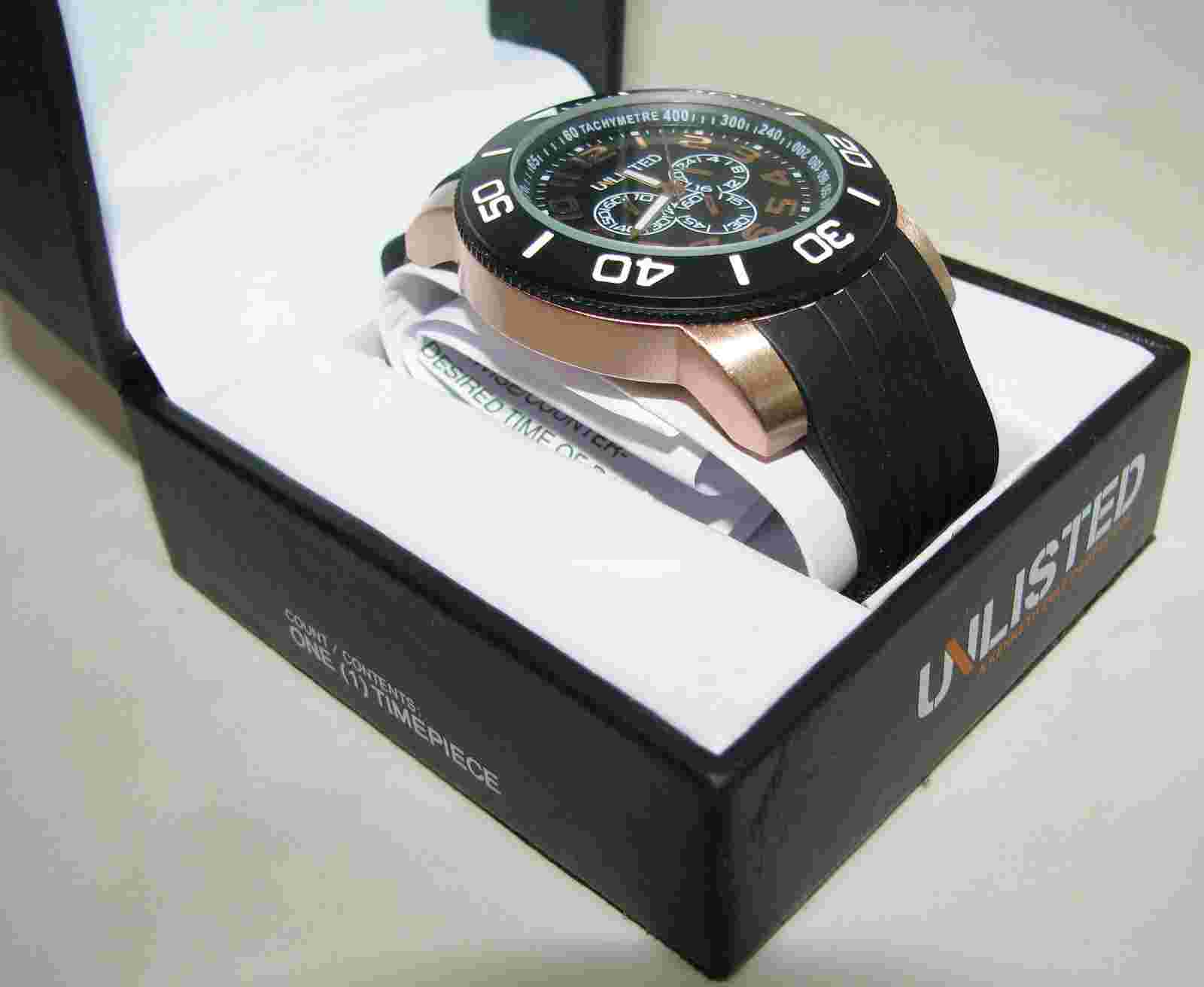 NEW-UNLISTED KENNETH COLE BLACK RUBBER BAND+ROSE-GOLD TACHYMETER WATCH UL5088KPC