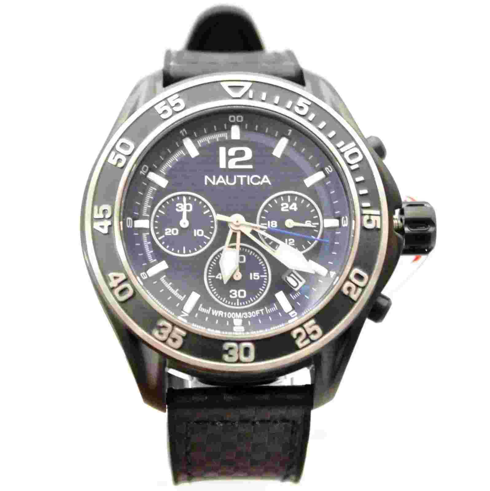 NEW Nautica NMD NAD25506G Blue Dial Chronograph Black Band Men Watch
