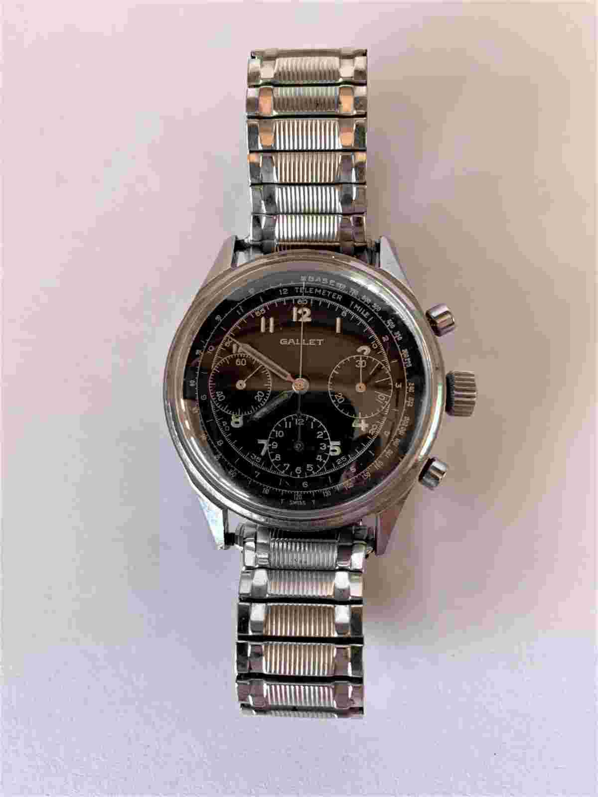 VINTAGE GALLET "JIM CLARK" VALJOUX 72 3-REGISTER CHRONOGRAPH BLACK DIAL WATCH