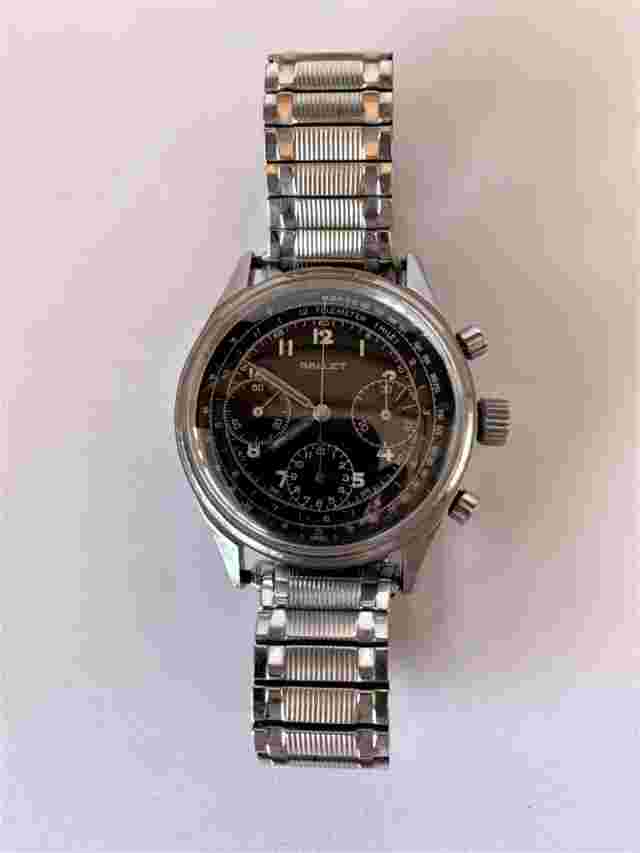VINTAGE GALLET "JIM CLARK" VALJOUX 72 3-REGISTER CHRONOGRAPH BLACK DIAL WATCH