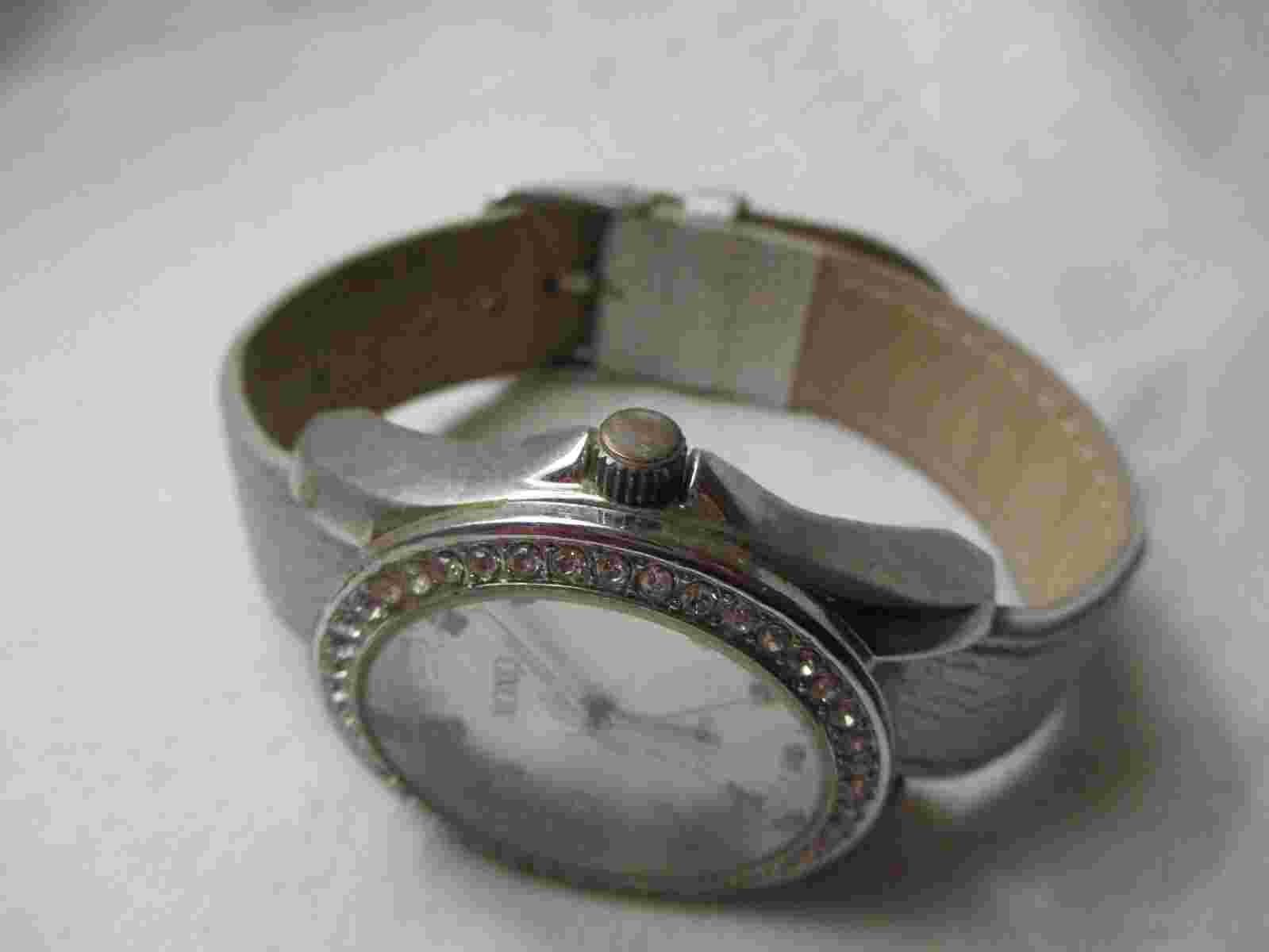 XOXO Wristwatch Silver Toned Round Face Rhinestones Gray Buckle Band
