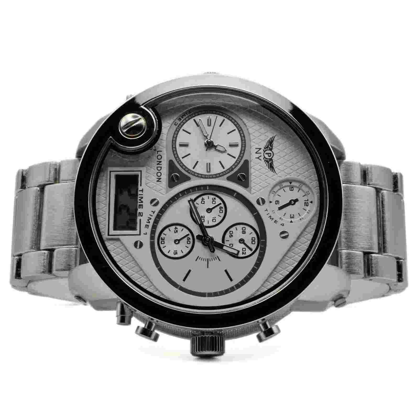 NY LONDON Silver and White face Men’s Metal Strap Date Analog and Digital Quartz