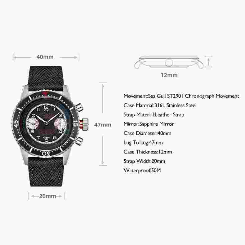 MERKUR Men Chronograph Watch 40mm Pilot Manual Wind Mechanical Wristwatch ST2901
