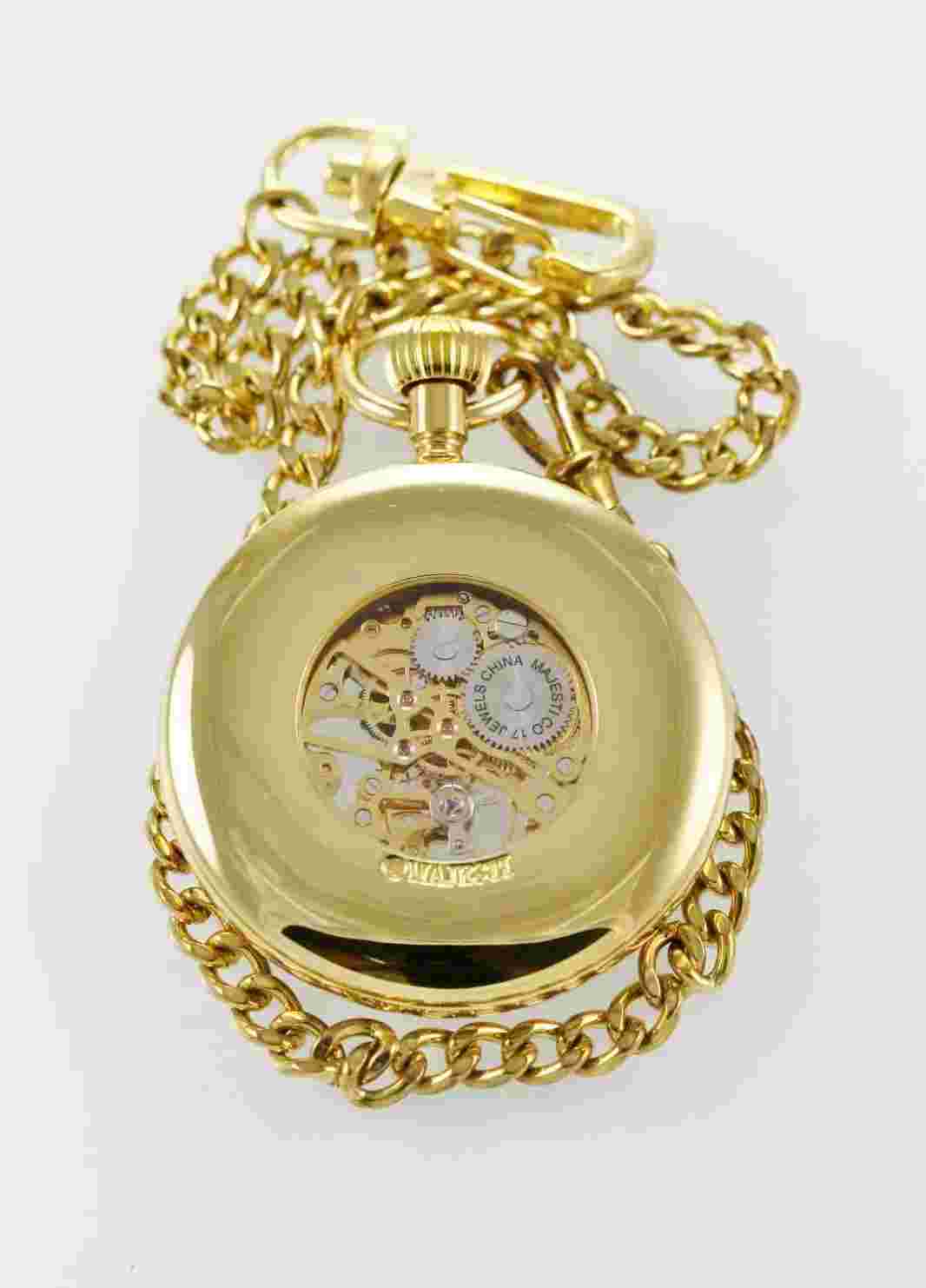 Majestron Watch Mens Stainless Steel Gold White Skeleton Wind Up Pocket Quartz