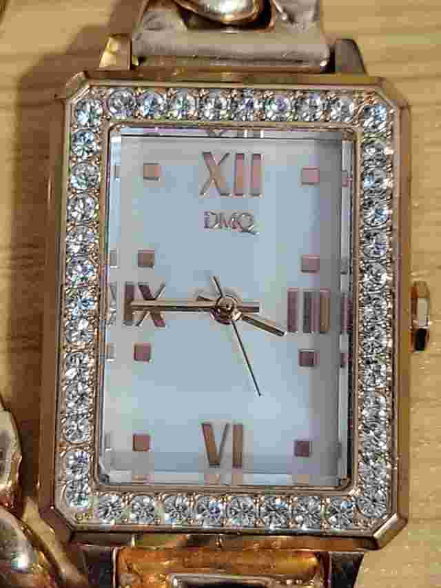 DMQ Rose Gold Watch Women Silver CZ Stone Rectangle Analog Stainless Steel.