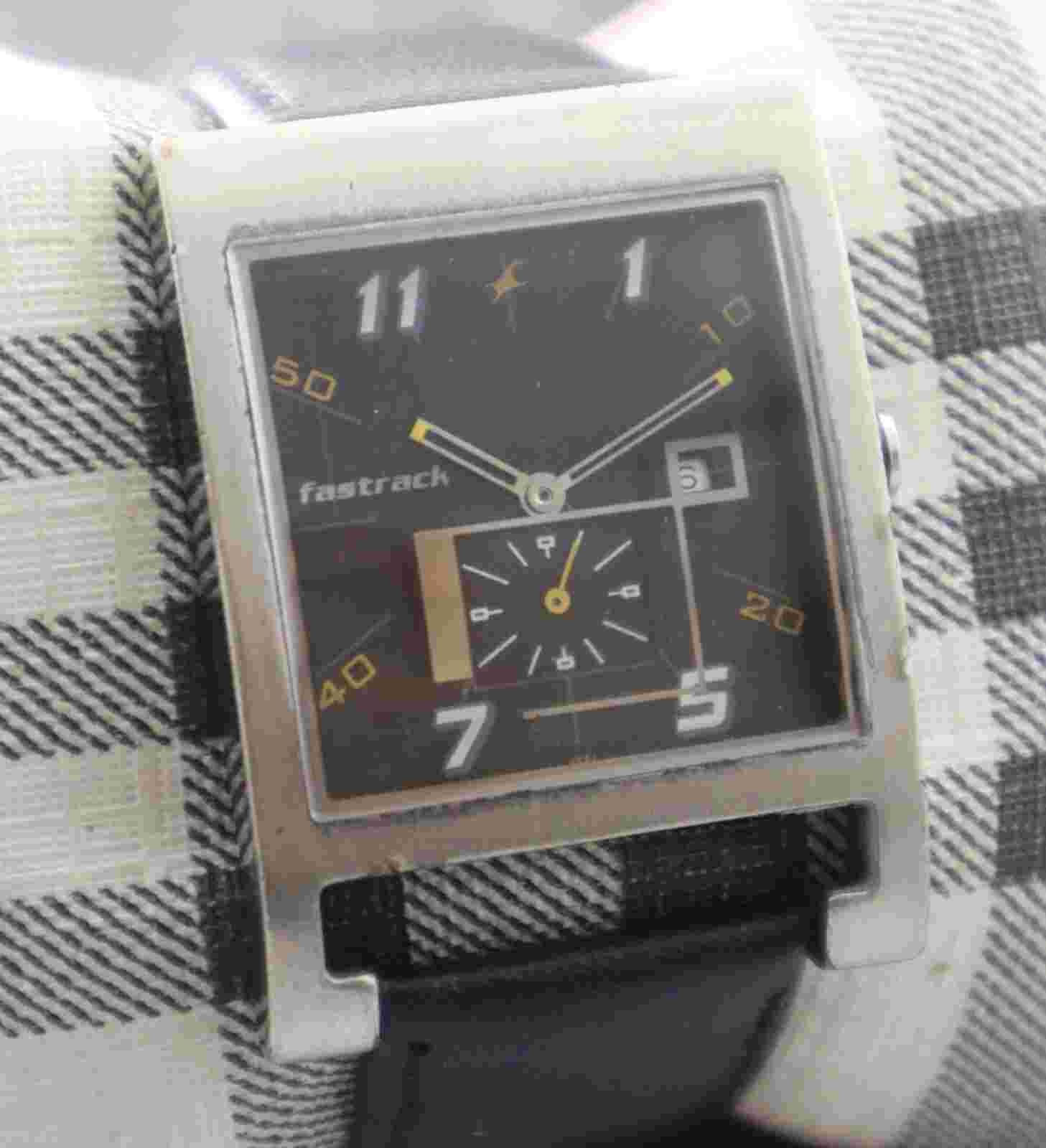 Casual Fastrack Men Sub-Second Black Dial with Date Rectangle Case Quartz Watch