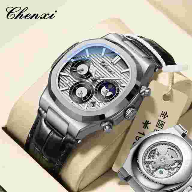 CHENXI Men Watch Moon Phase Chronograph Quartz Luminous Male Leather Wristwatch