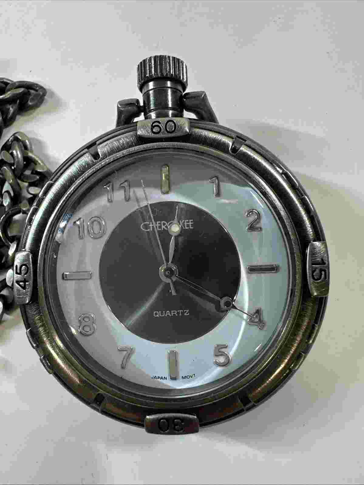 Vintage Cherokee Quartz Pocket Watch Pewter With Chain White Face (untested)