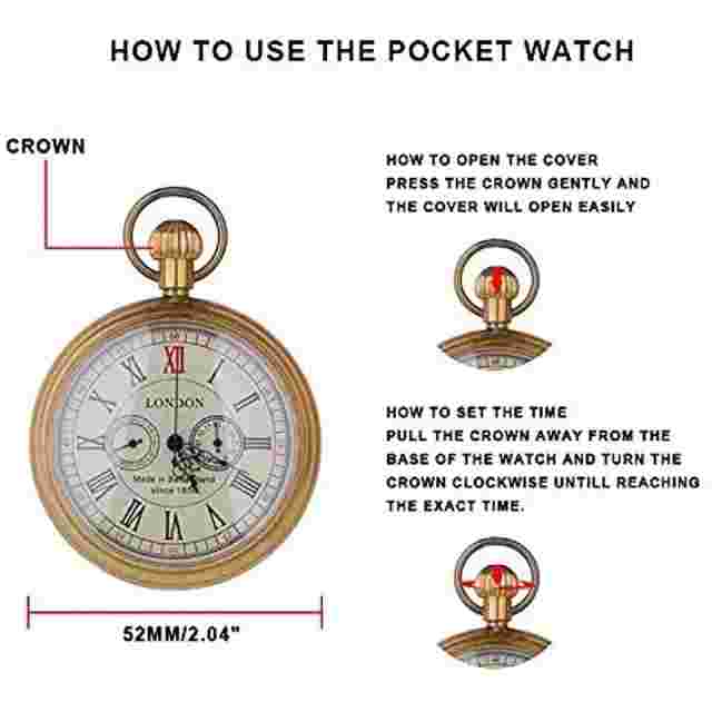 London Vintage Hand Wind quartz Pocket Watch Chain Brass Open Face Fob WatchO