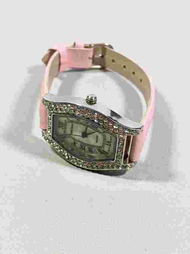 Cote d' Azur Pearlized Dial Crystal Accent Silver Tone Case Pink Band Watch