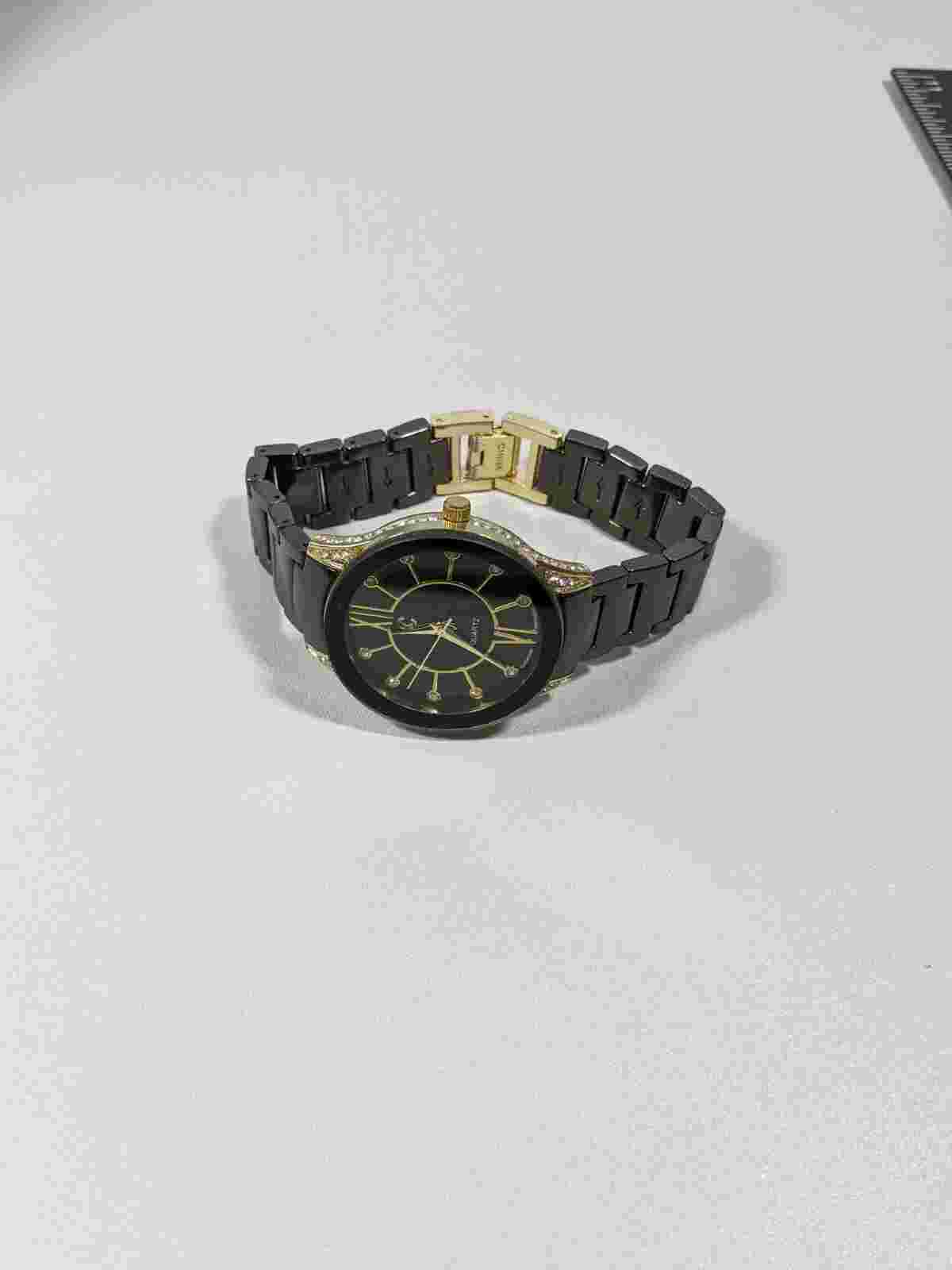 Charming Charlie Gold Tone Black Bezel Black Link Bracelet Band Watch 7.25 Inch