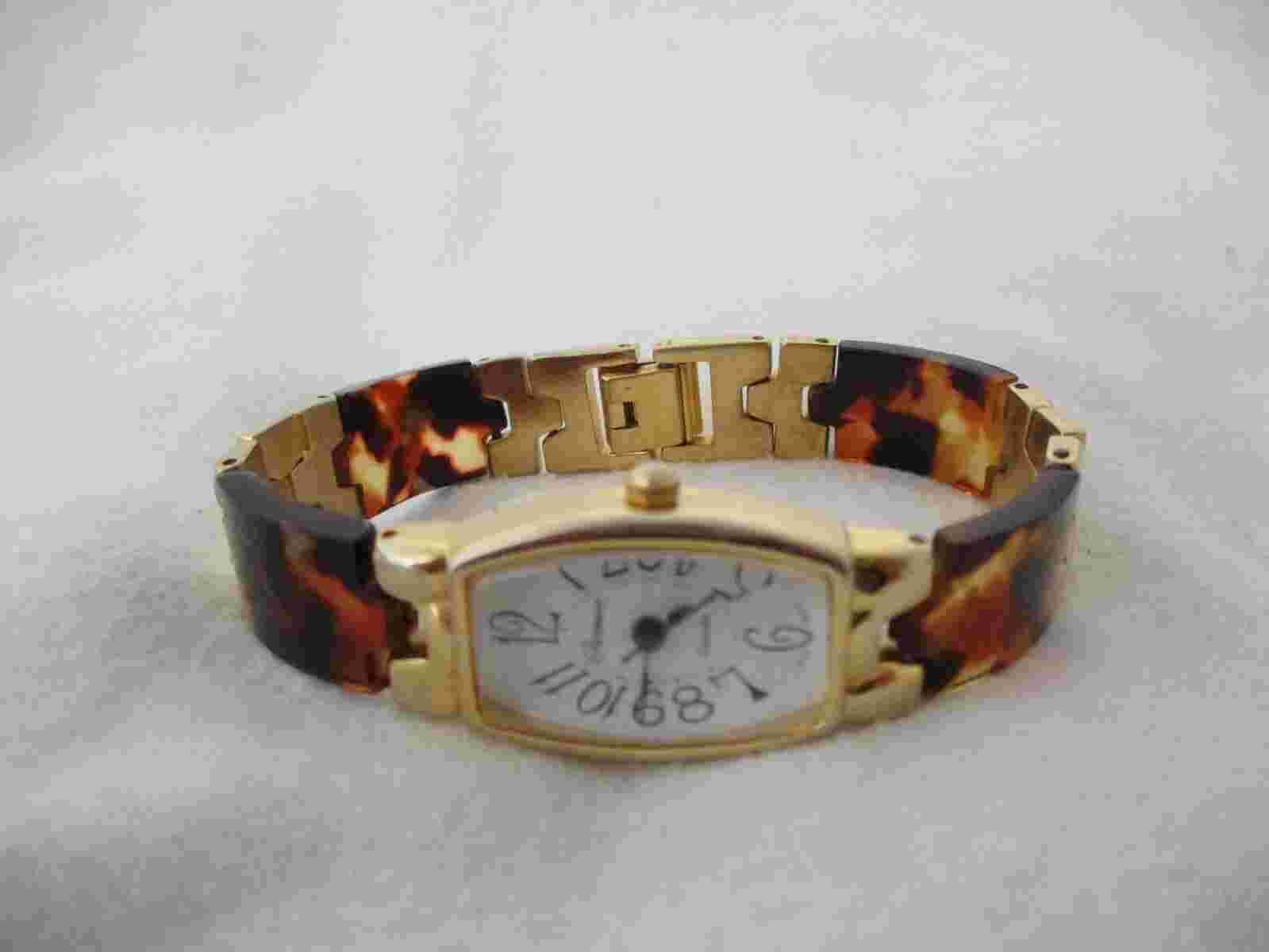 Parmex Watch Gold Toned & Brown Bracelet Band Rectangular White Face