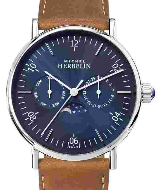 Herbelin Moon Phase 12747/AP15BL Men Leather Straps Blue Analog Dial Watch 38 mm