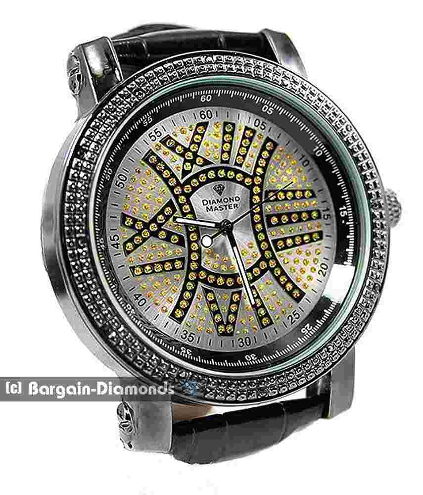 Mens Black Natural Diamond Classic Clubbing Watch Silver Dial-Gold Bling 7"-9"