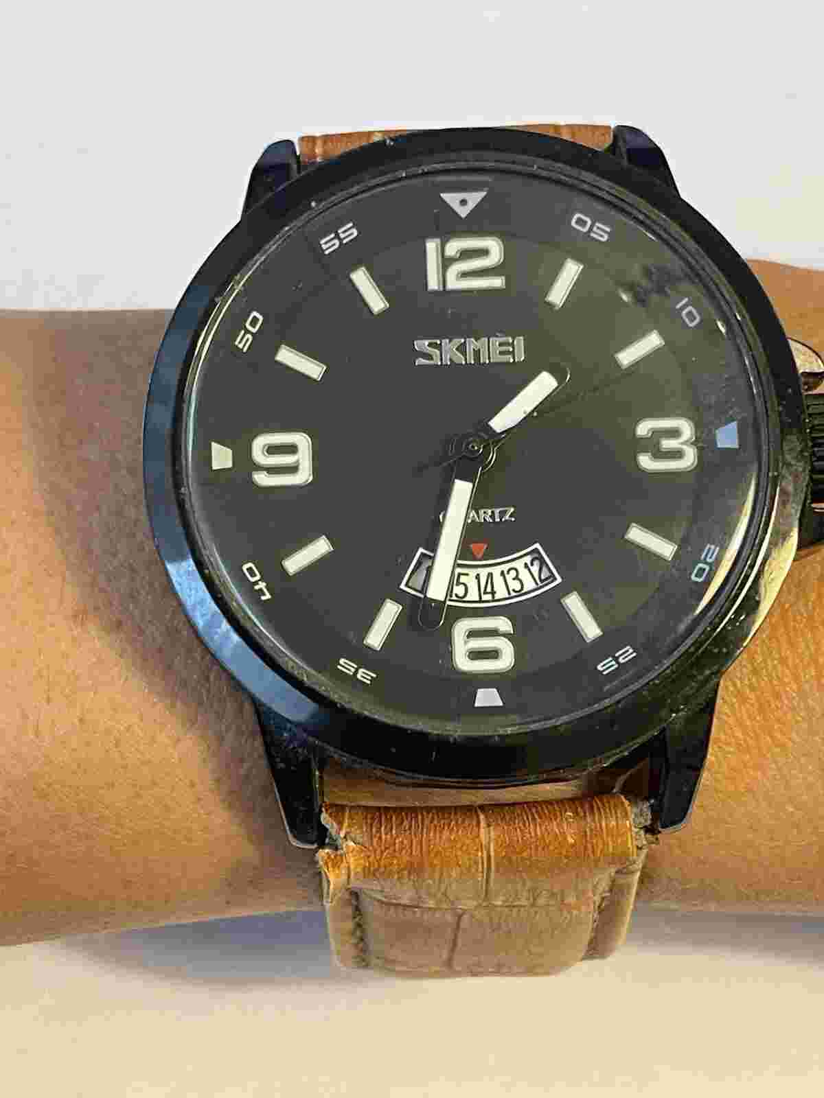 SKMEI brown watch Mens Large Round Genuine Leather Strap Date 9115 WR30M