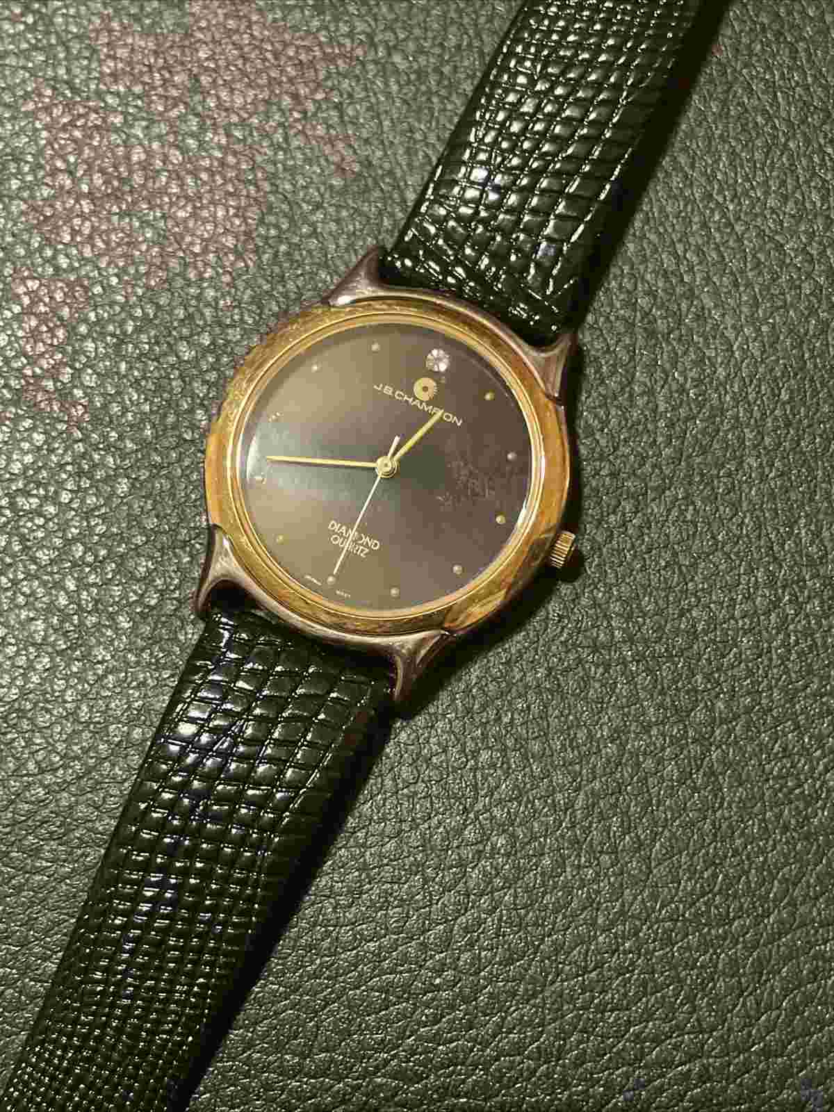 JB Champion Watch 33mm Gold Case Black Leather Strap NOS Needs Battery