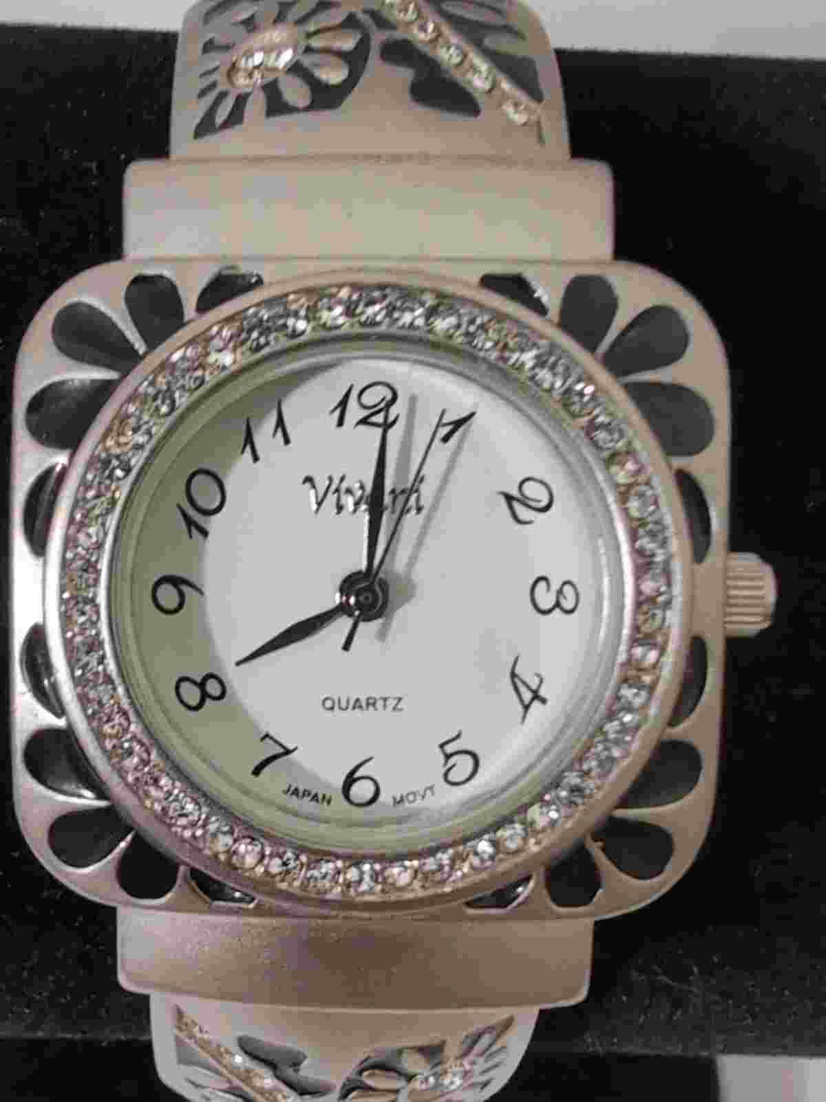 Vivani Women's Silver Tone Crystal Accented Cuff Style Watch, Vintage Working
