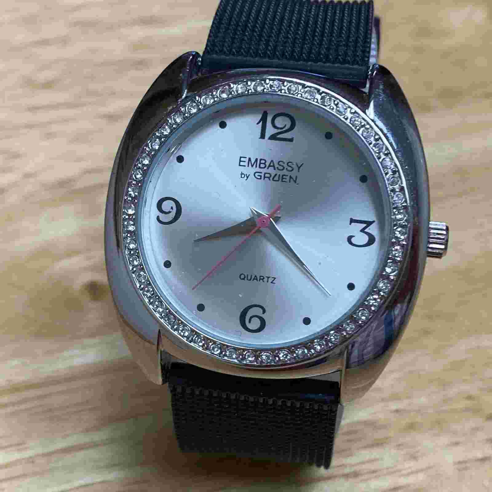 Embassy By Gruen Unisex Silver Rhinestone Japan Movt Analog Quartz Watch~New Bat
