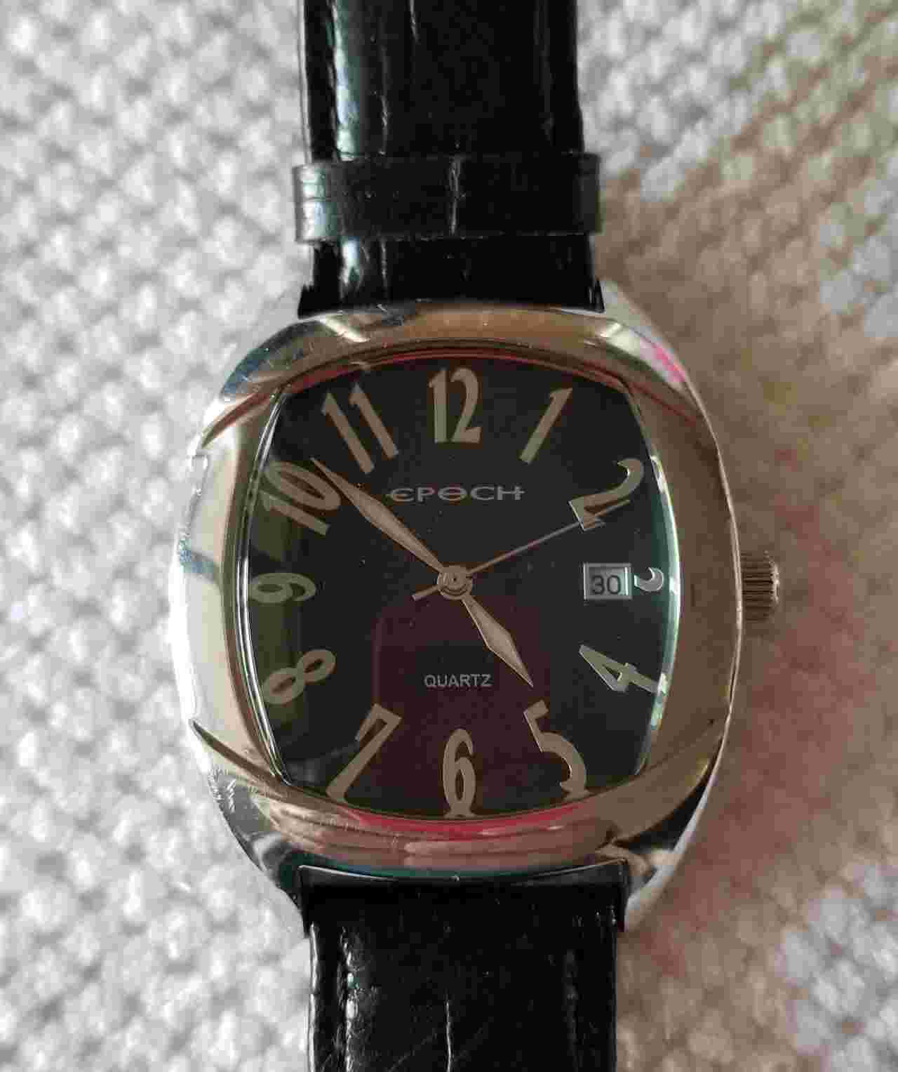 Epoch Silver Tone Date Watch Black Dial & Leather Band 6"-7.5" New Battery