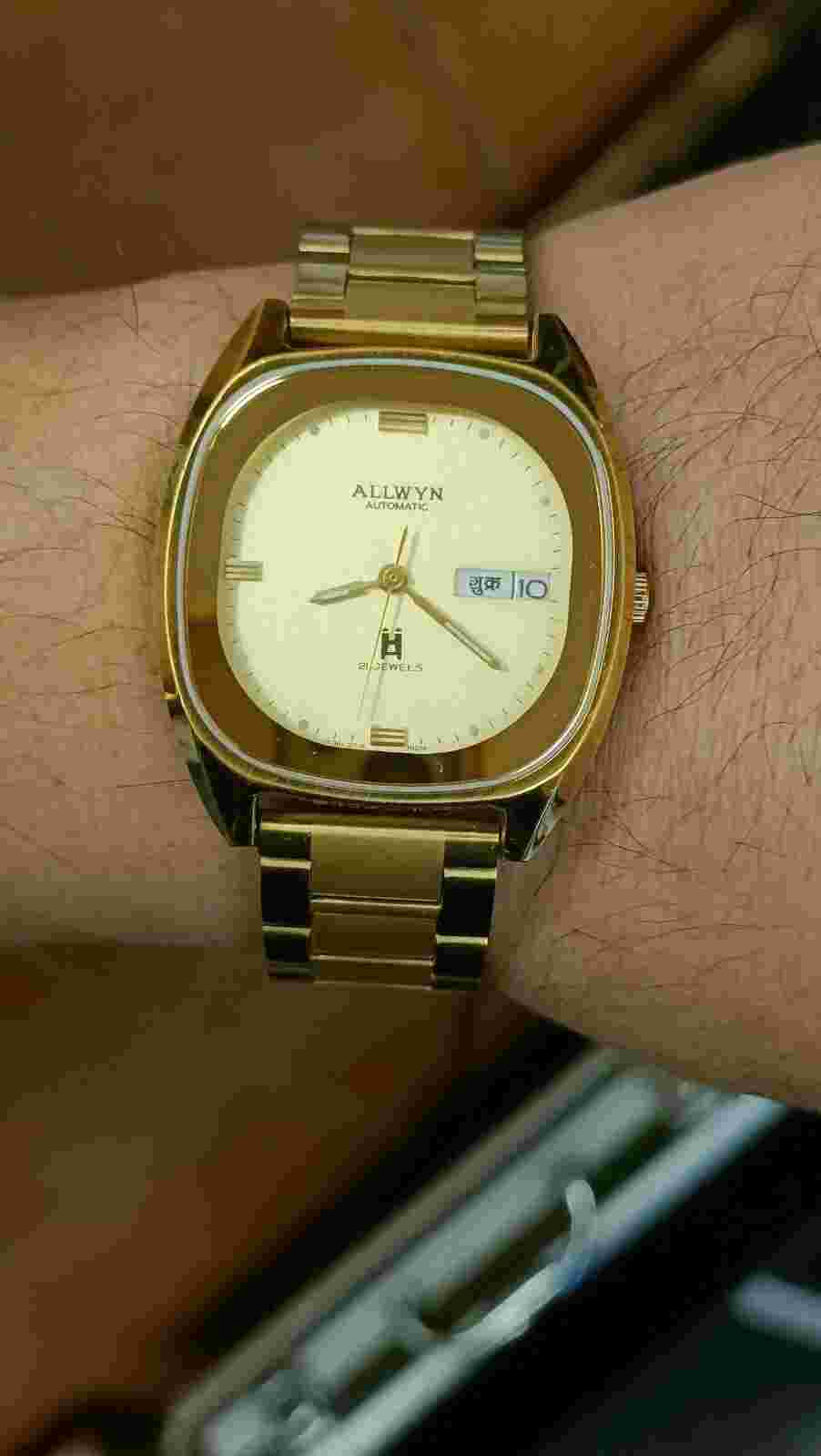 ALLWYN 21 JEWELS AUTOMATIC NOS GOLD DIAL Y381-5050 INDIA MEN'S FULL WORKING VTG.