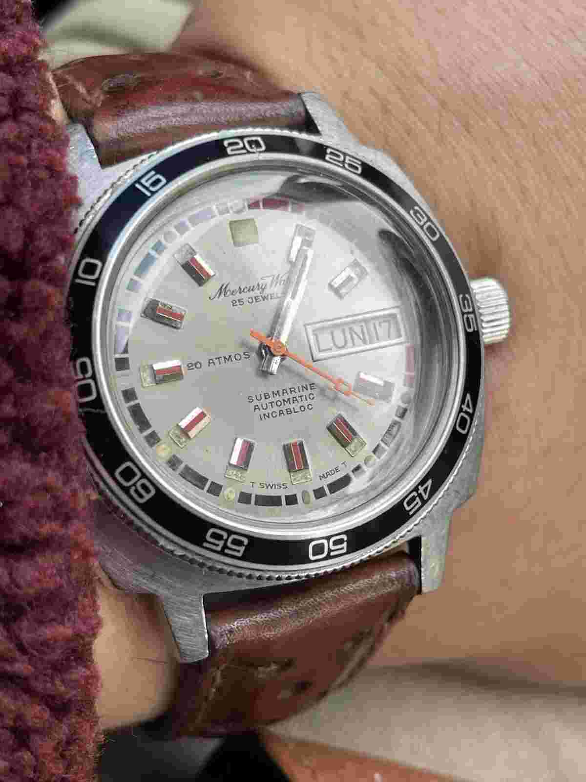 Vintage Diver Mercury Watch SUBMARINE Automatic Day Date Swiss Made 20 ATMOS