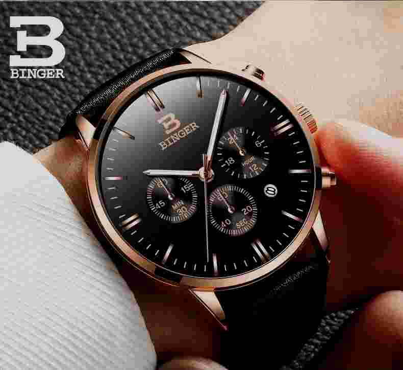 Binger B9201 Quartz Chronograph Stopwatch 43mm Date Dial Gold Case Leather Strap