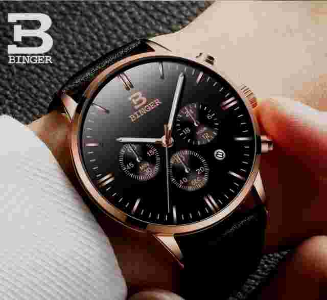 Binger B9201 Quartz Chronograph Stopwatch 43mm Date Dial Gold Case Leather Strap