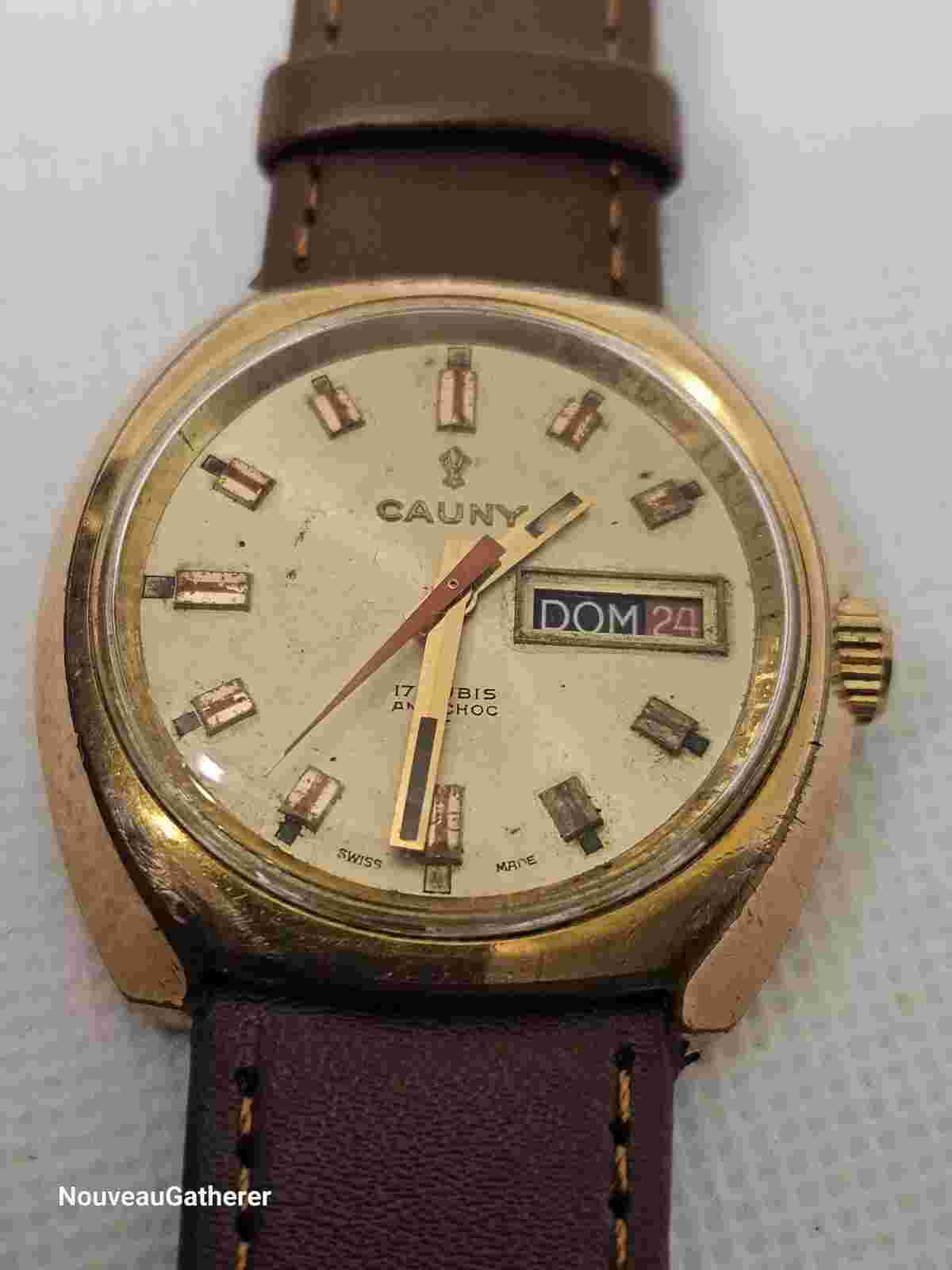 Cauny • Vintage Swiss Watch • Day Date • 17 Jewels • 1970's Mens • Runs