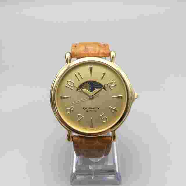 Vtg Quemex Moon Phase Watch 44mm Men Gold Tone Blue Leather New Battery