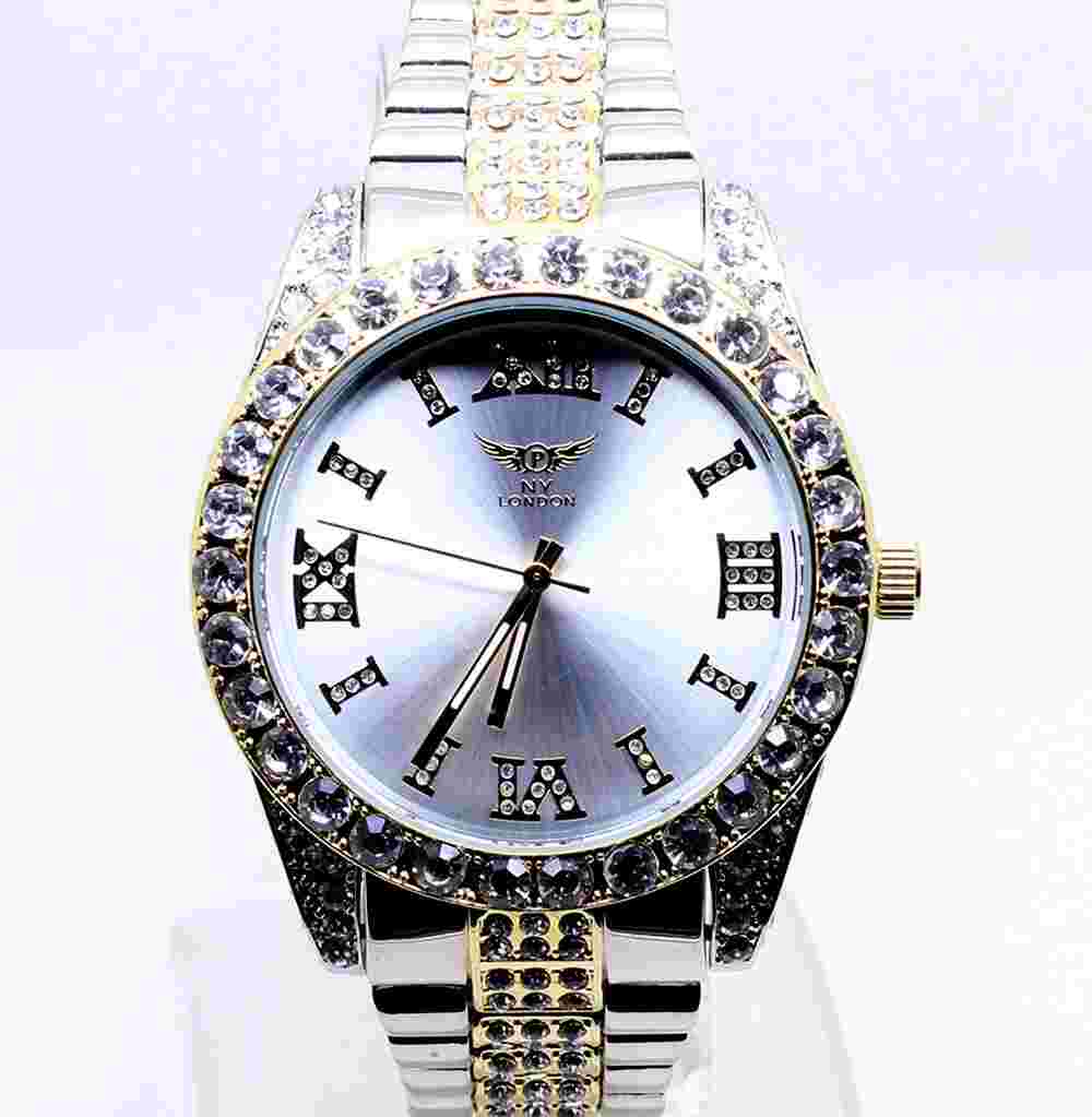 018P Men Luxury Style Wrist Watch Silver Gold Band Crystal Rhinestone Roman Dial