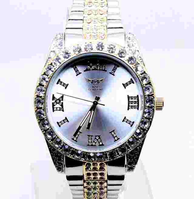 018P Men Luxury Style Wrist Watch Silver Gold Band Crystal Rhinestone Roman Dial