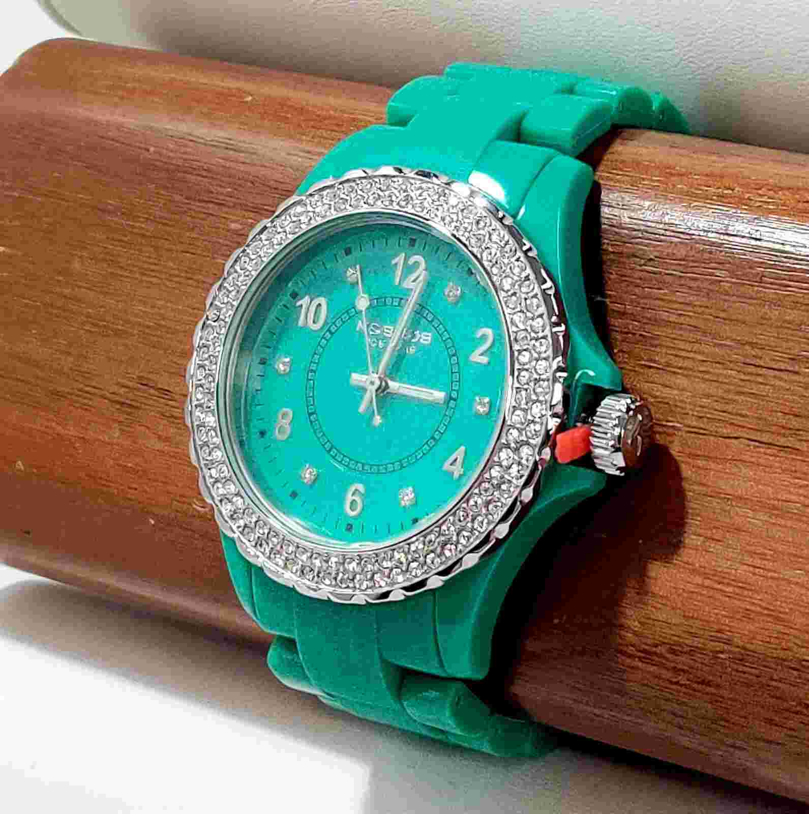 NEW K & BROS 9558-6 Women's Ice Time Teal Green Crystal Bezel Polyurethane Watch