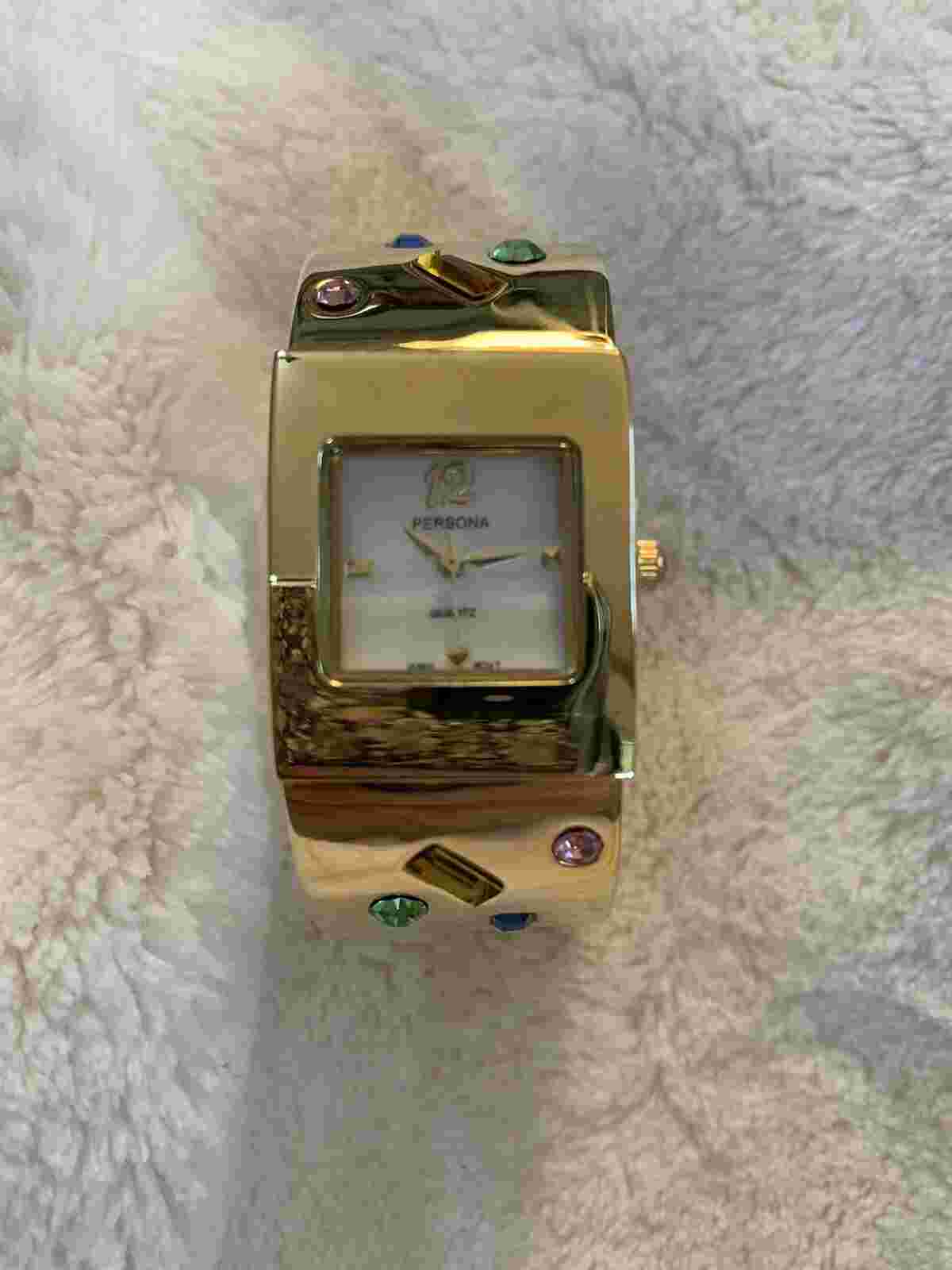NEW Persona Gold Cuff Bagel Ladies Watch Multicolor Gem Stone