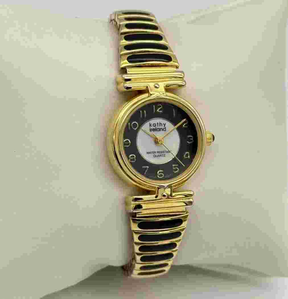 Ladies 1990s KATHY IRELAND Gold & Black Tone Classic Bracelet Watch, 23mm K1612
