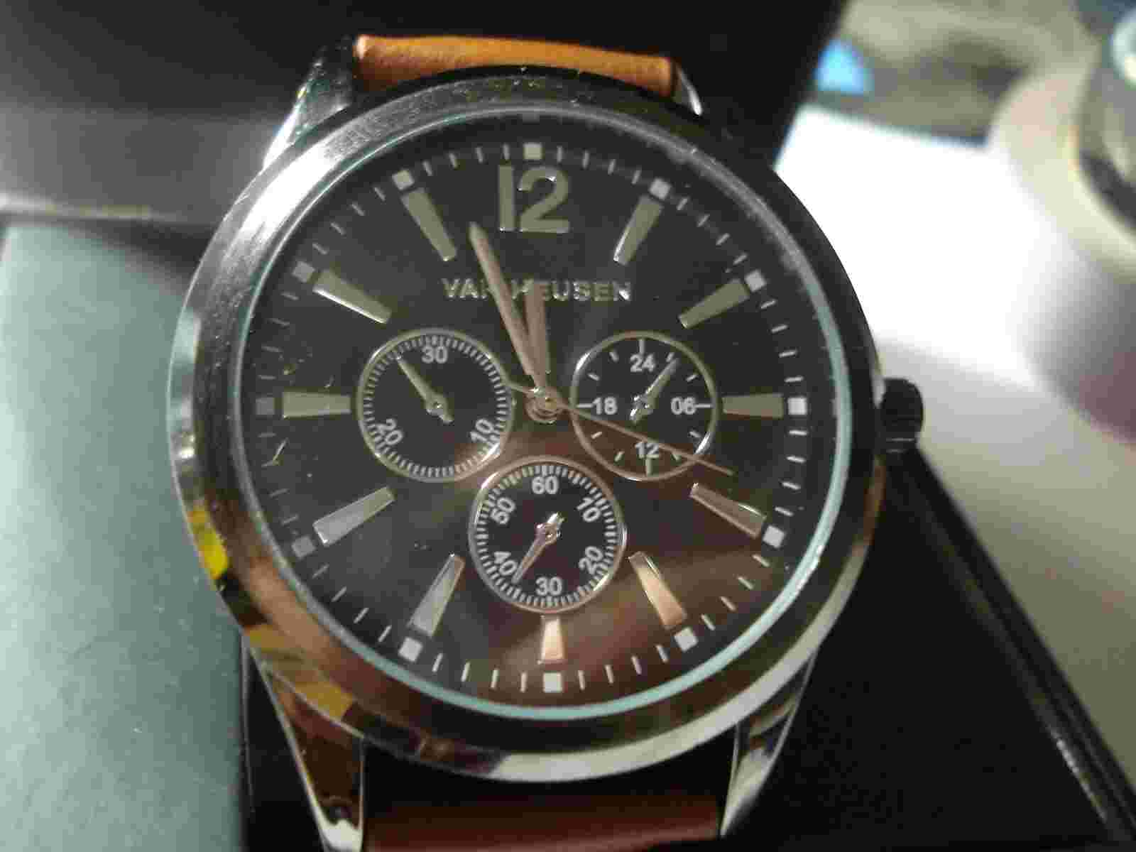 NEW VAN HEUSEN 3 DIALS MILITARY TIME BLACK DRESS WATCH GENUINE LEATHER BOX