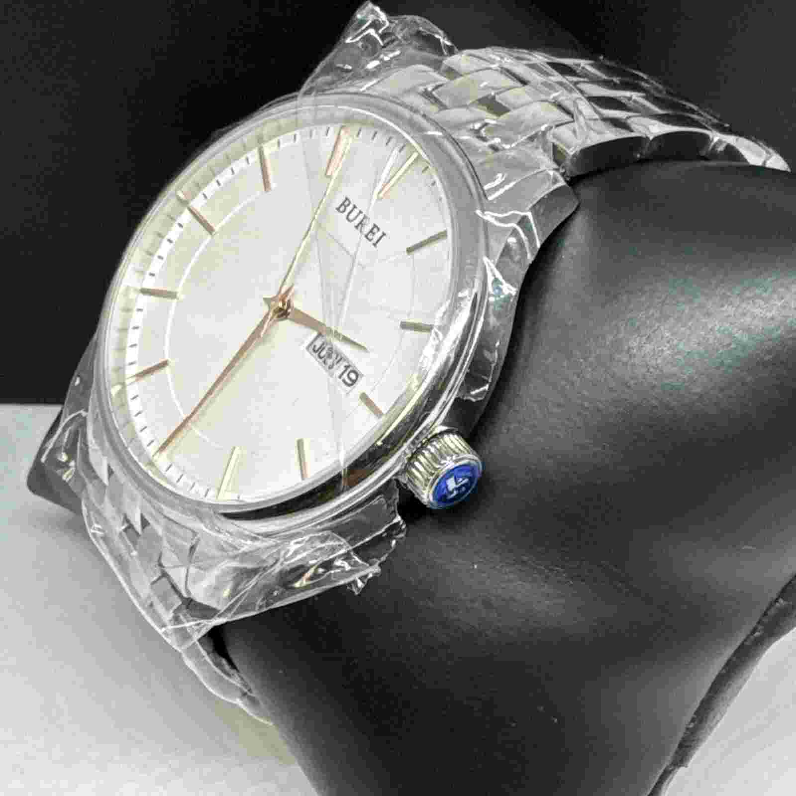 Burei S-13001M Men's Silver Stainless Steel Analog White Dial Quartz Watch JNA48