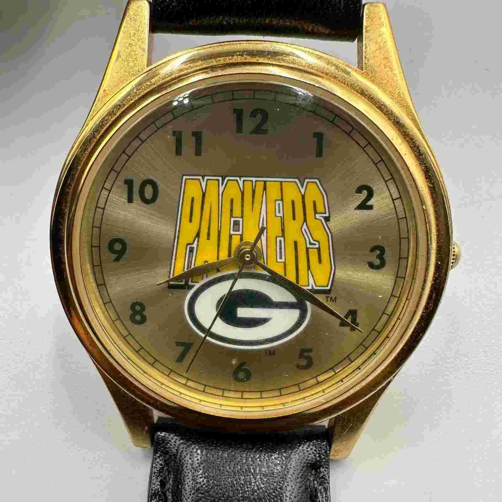 Vintage Greenbay Packers Watch Men Gold Tone NFL Football Black Band New Battery