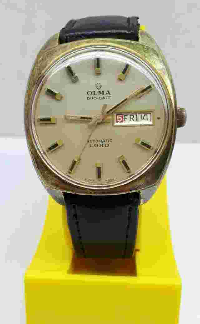 VINTAGE OLMA DUO DATE DAY AUTOMATIC LORD CAL 1886 WRIST WATCH SWISS MEN'S XRARE