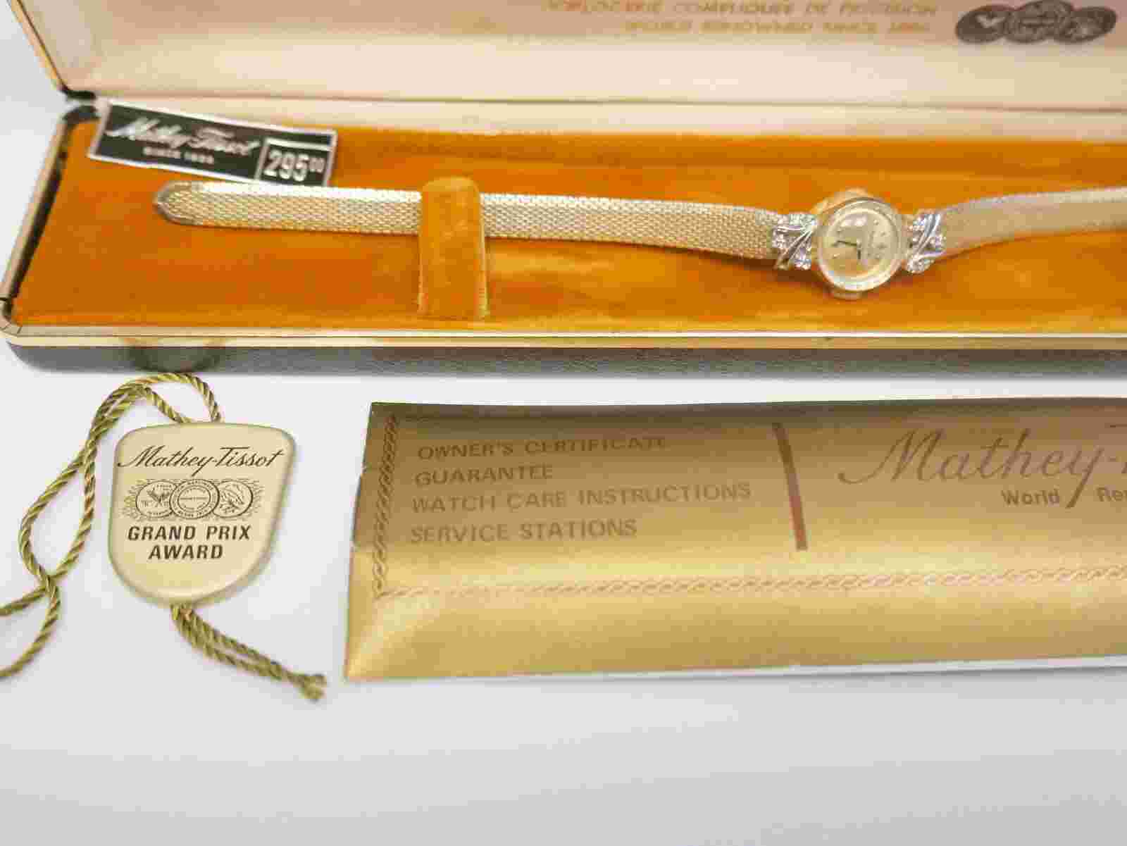 Vintage Ladies NOS Mathey Tissot 14K Gold & Diamond Wrist Watch Case & Tags