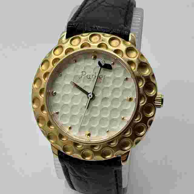 Vintage Parker Quartz Watch Men Gold Tone Golf Themed Leather Analog New Battery