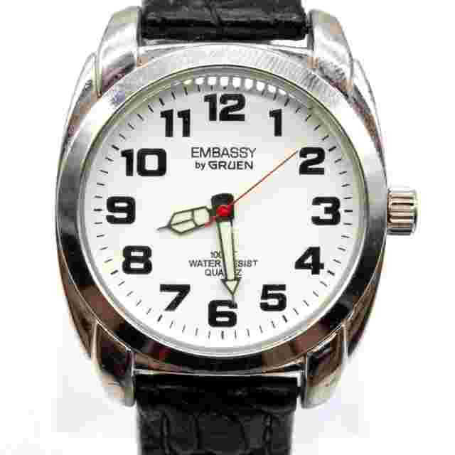 Vintage Embassy By Gruen Watch Mens Silver Tone Stainless Steel White Dial