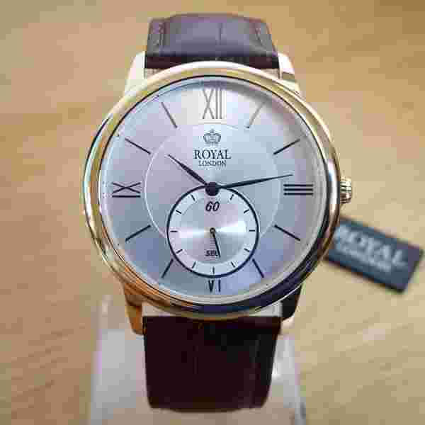 Mens Classic Brown Leather Royal London Gold Gents Suit Watch NEW IN BOX
