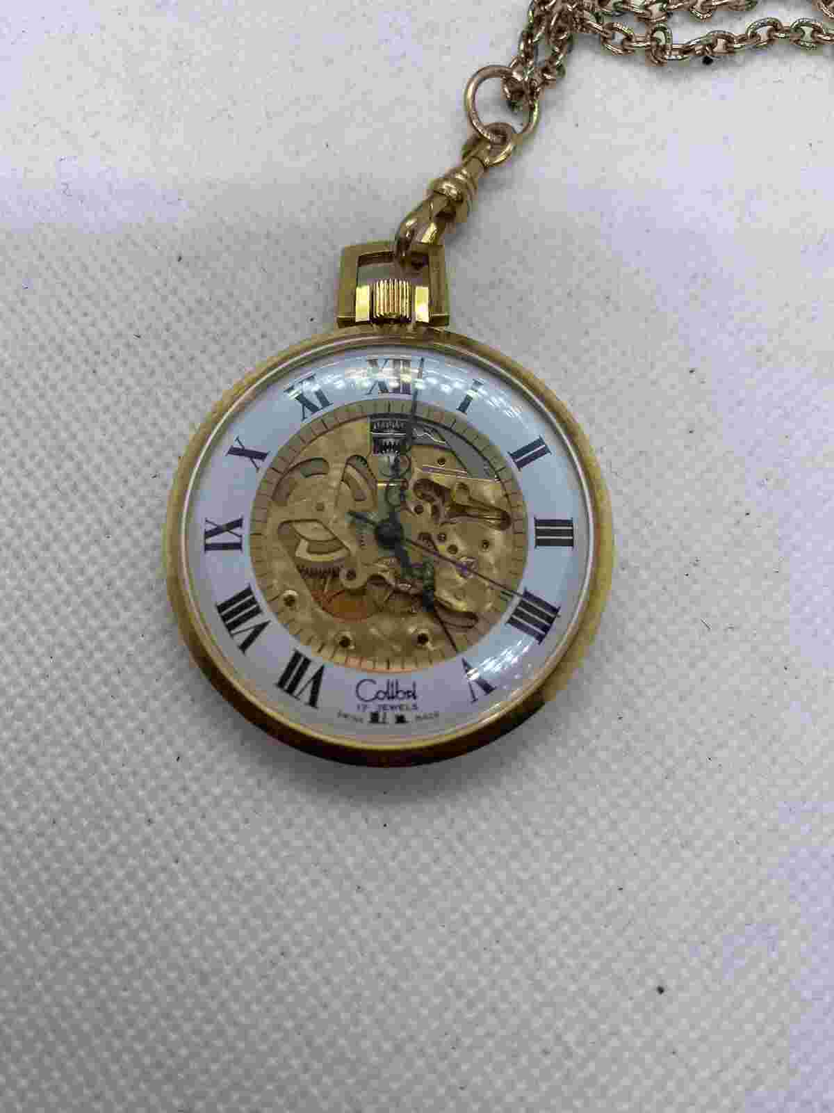 Colibri 17 Jewel Swiss Made 12K Gold Filled Skeleton Pocket Watch With Chain