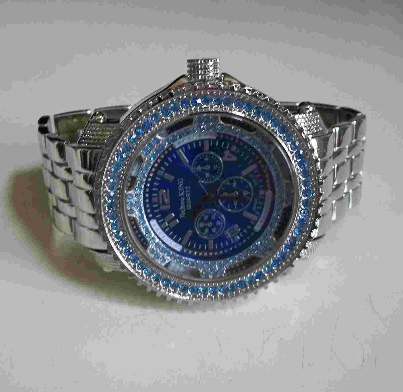 Men Techno King Silver Finish Blue Dial Fashion Dressy Party Hip Hop Watch