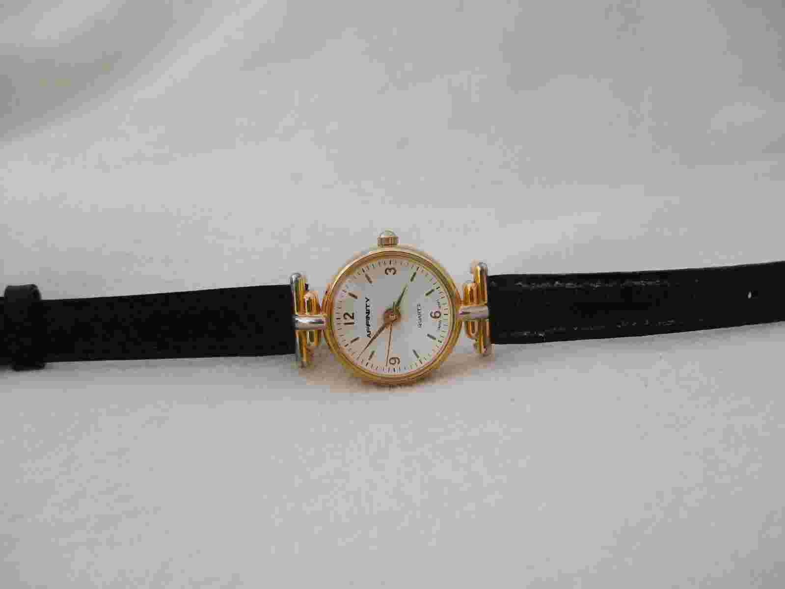 Affinity Watch Black Buckle Band Round White Face Gold Toned Prismed Crystal