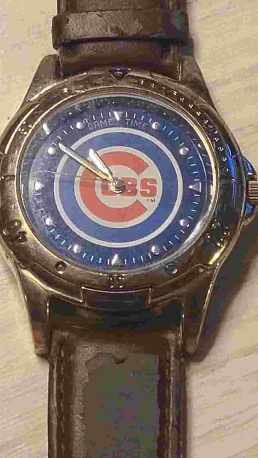 Game Time Chicago Cubs Silver Tone Bezel Brown Leather Band Watch 9.5 inch