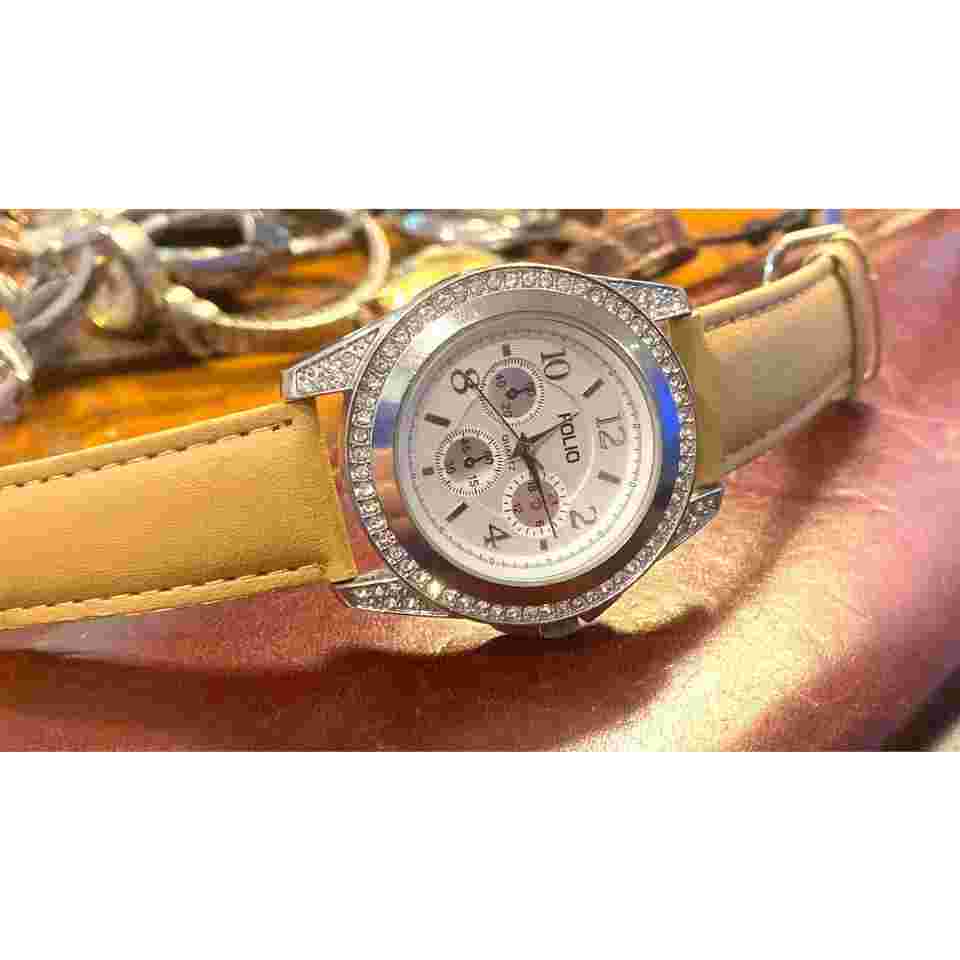 Women's 40mm Silver Tone Folio Watch with Crystal Accents, Tan Band