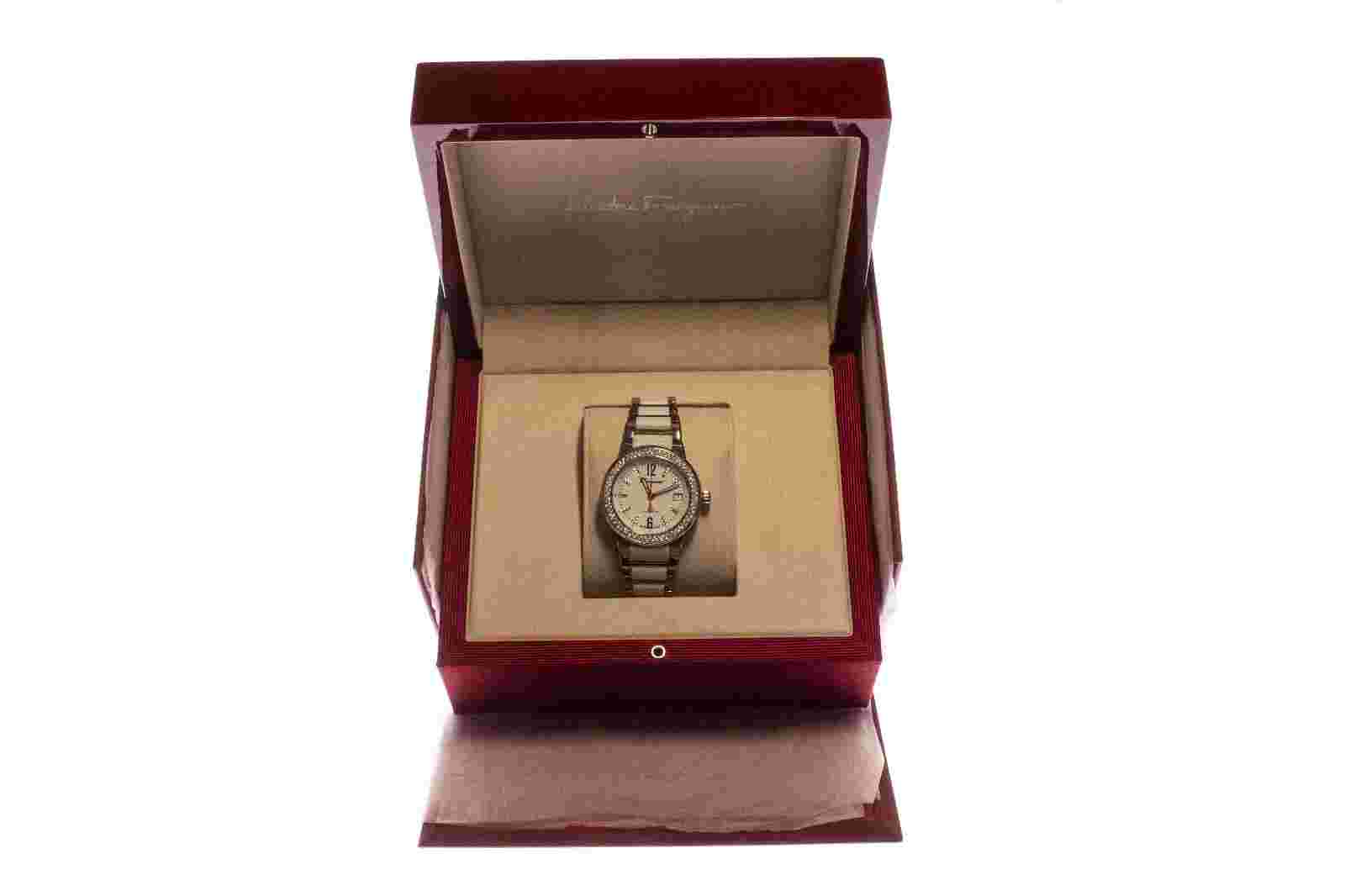 DISPLAY MODEL SALVATORE FERRAGAMO LADIES WHITE CERAMIC DIAMOND AUTOMATIC WATCH